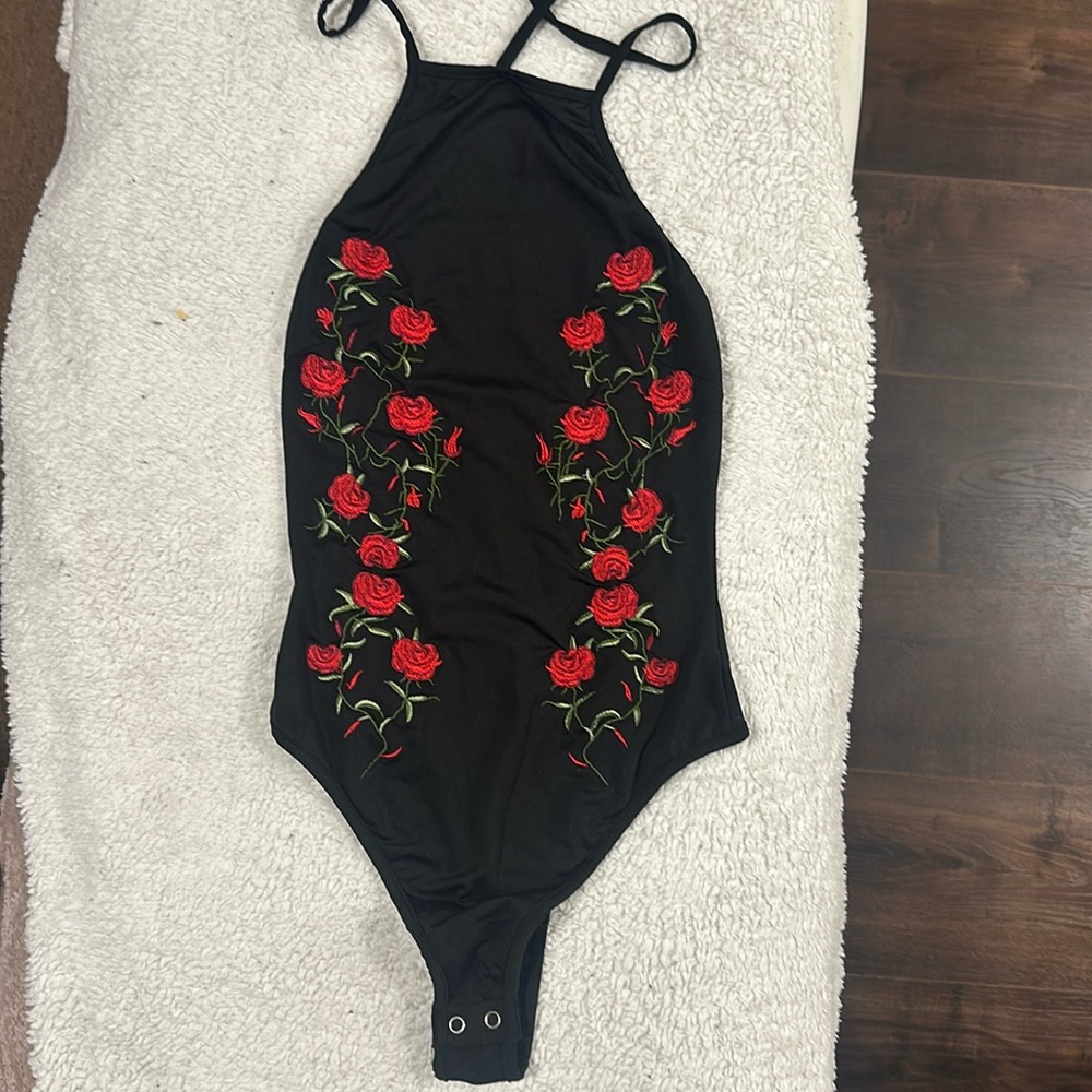 Call Me Eden bodysuit with roses, snap crotch, size XS neck tie, pre-owned